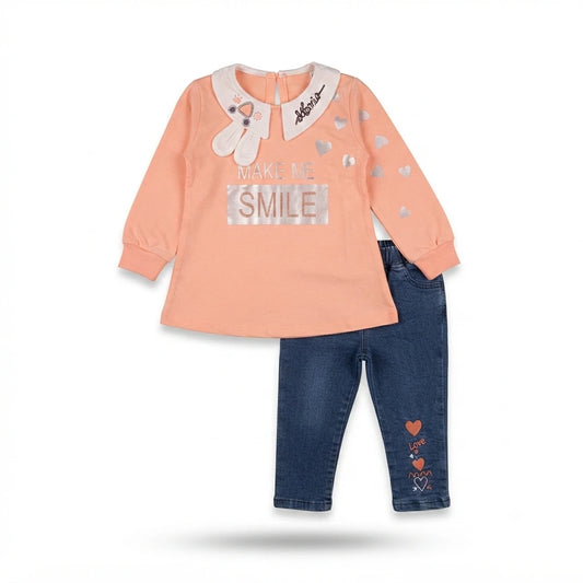 Premium Full Sleeve Printed Shirt with Embroidered Denim Jeans Set for Baby Girls (5 Years)