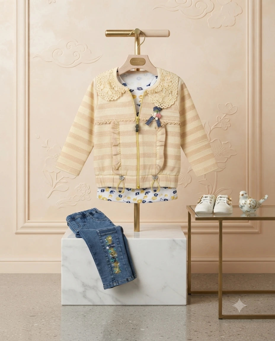 Elegant Little Girl Fancy Malai Cotton Jacket with Printed Inner & Denim Pants – 4 Years