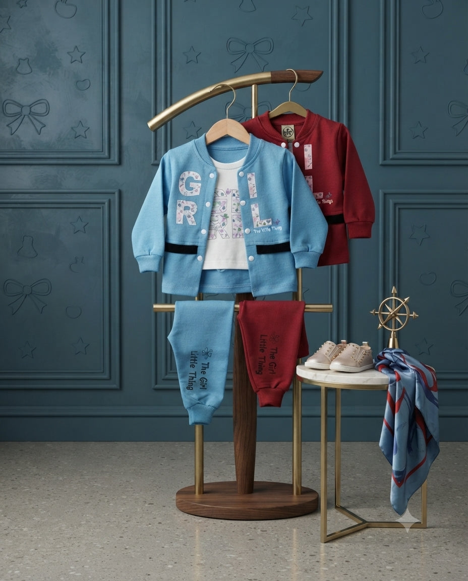 Baby Girls Premium Sky Blue Interlock 2.5 Piece Outfit | Attached Inner Design | 6–12 Months