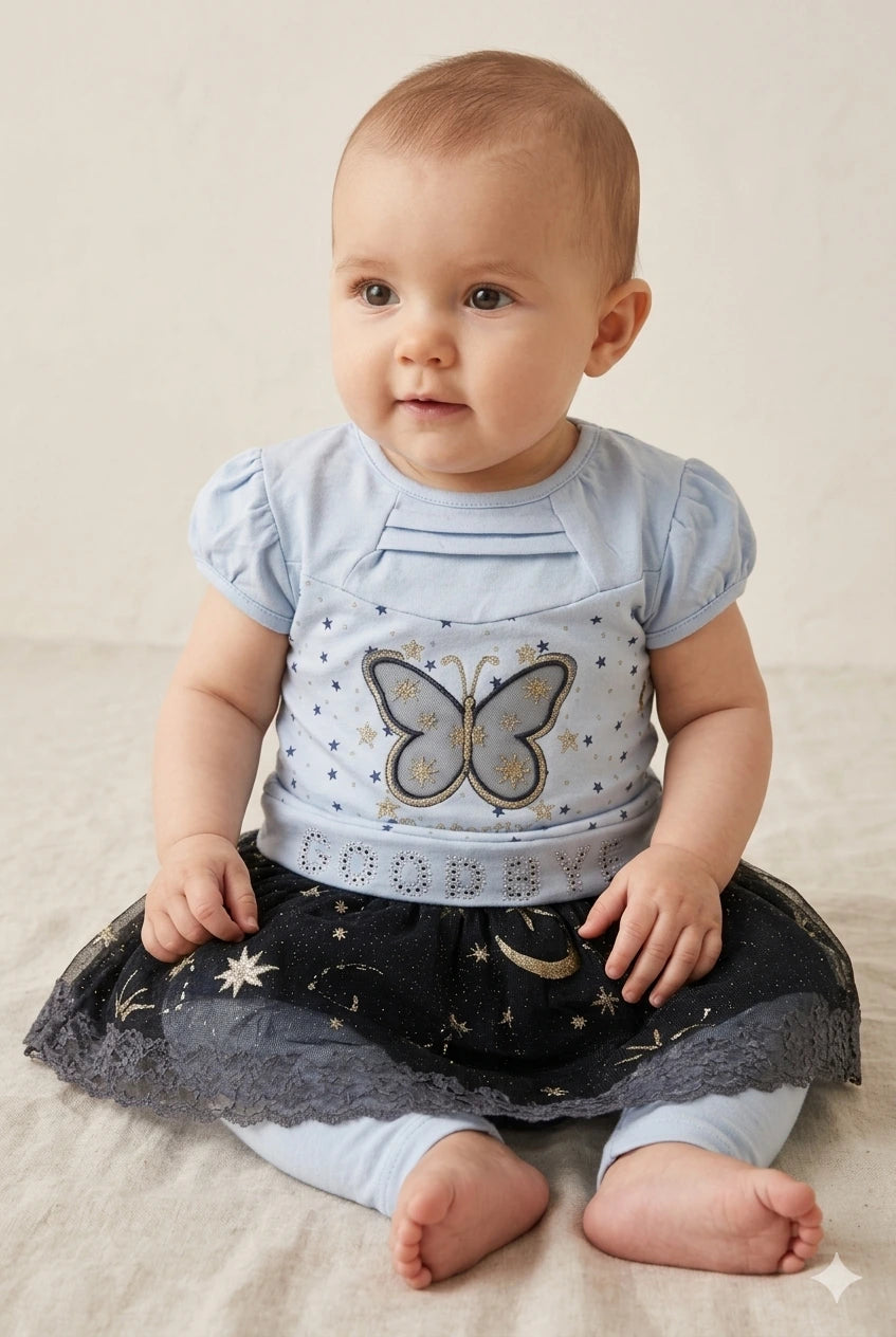 Baby Girl 3 Piece Outfit Set – Malai Cotton Top & Net Skirt Summer Collection (0-6 Months)