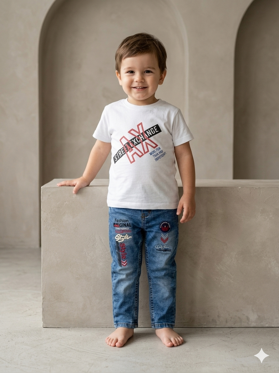 Baby Boy Malai Cotton Half Sleeve Shirt & Fancy Denim Pant Set – Summer Collection (3 Years)