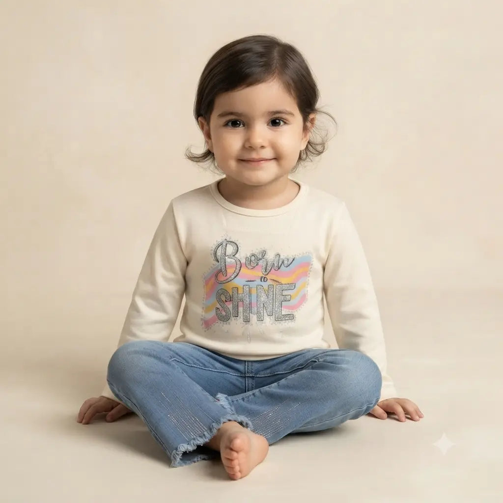 Baby Girls "Born to Shine" T-Shirt with Denim Bell Bottom Pants | 2 Piece Casual Outfit | 4 Years