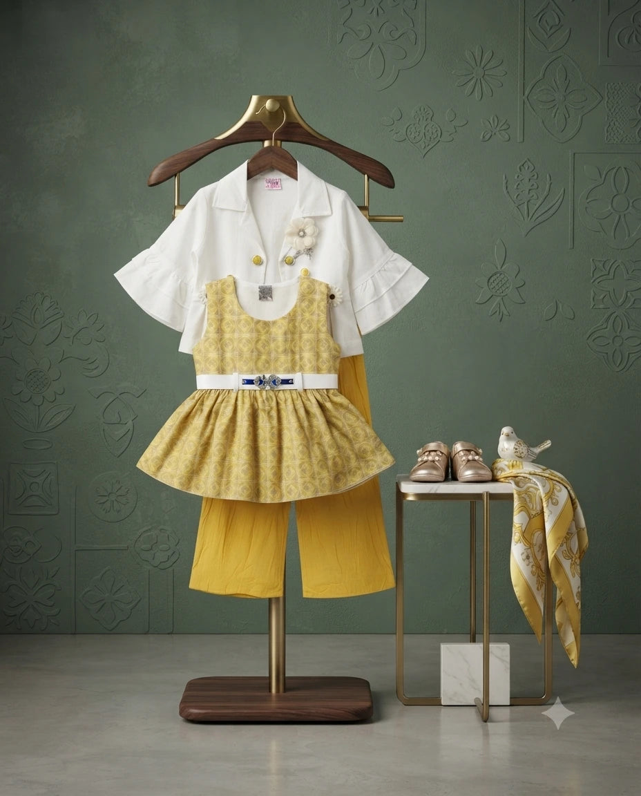 Baby Girls 3 Piece Chiffon Dress – Yellow Frock, White Shrug & Matching Trouser (1-2 Years)