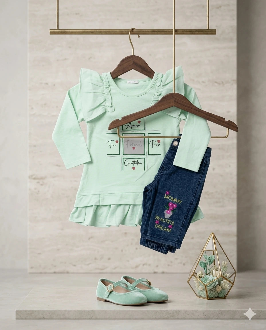 Baby Girl Malai Cotton Full Sleeve Shirt & Pant Set – Summer Collection (4 Years)