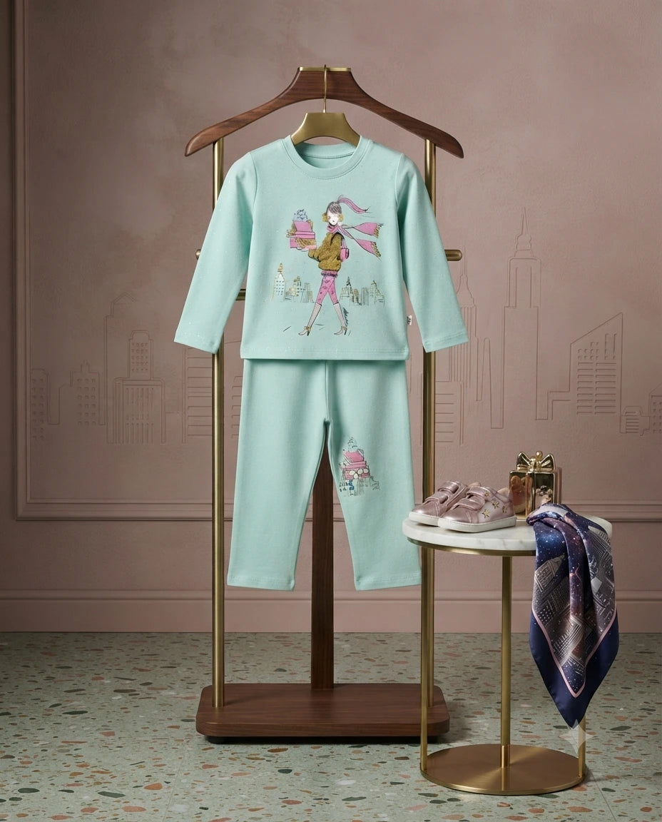 Baby Girls 2 Piece Winter Dress – Mint Green Malai Shirt & Trouser Set (1-2 Years)