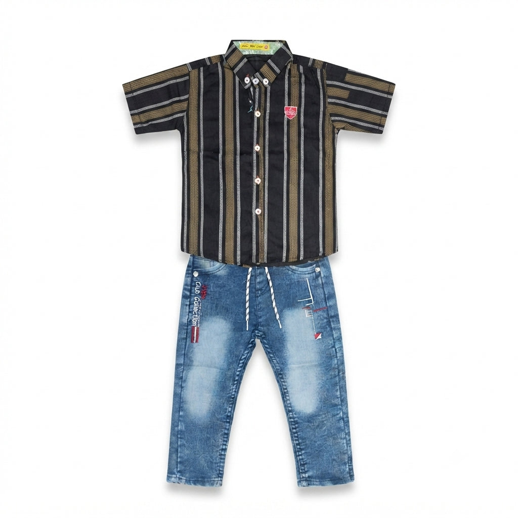 Boys Striped Casual Shirt with Denim Jeans 2-Piece Set