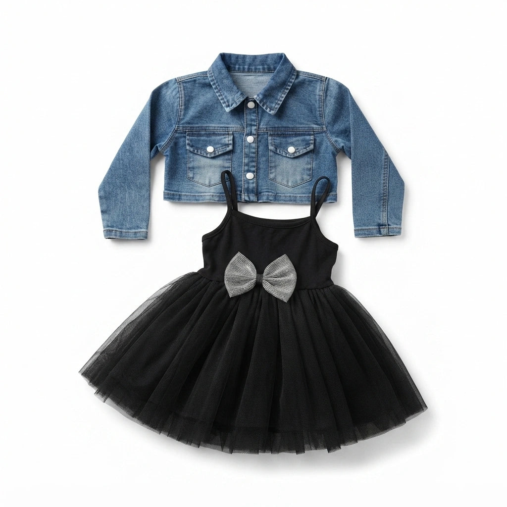 Baby Girls 3 Piece Denim Jacket with Tutu Skirt & Leggings Set | Party Wear | 4 Years