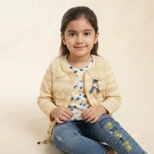 Elegant Little Girl Fancy Malai Cotton Jacket with Printed Inner & Denim Pants – 4 Years