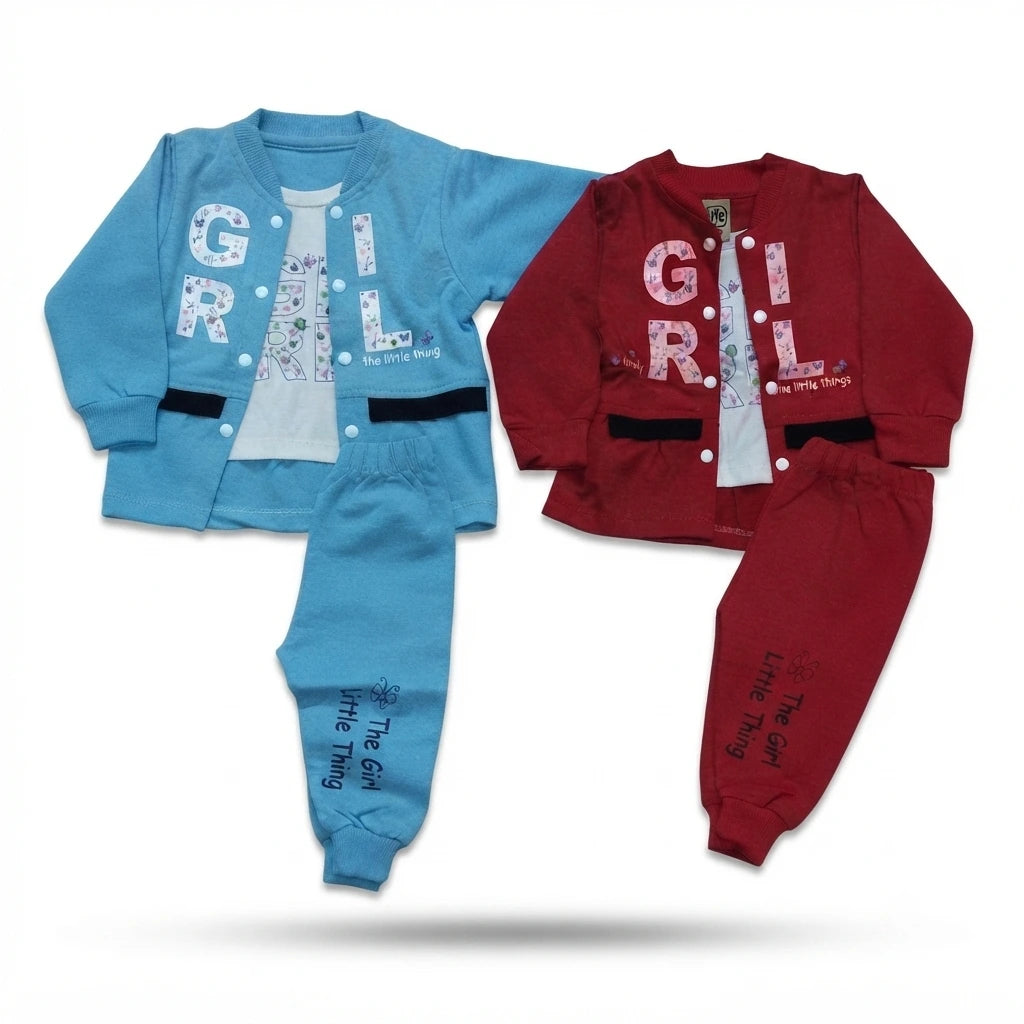 Baby Girls Premium Sky Blue Interlock 2.5 Piece Outfit | Attached Inner Design | 6–12 Months