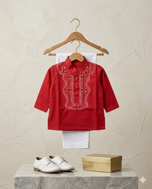 Baby Boy Red Cotton Kurta with White Shalwar Set – Summer Collection (1–2 Years)