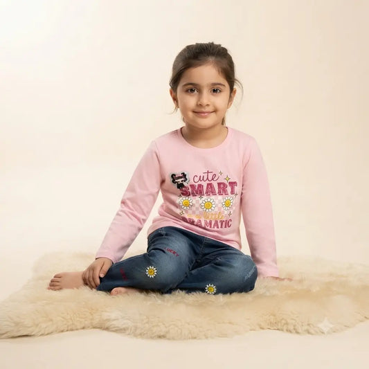 Chic Little Girl Malai Stuff Printed Shirt with Stylish Denim Jeans – 4 Year