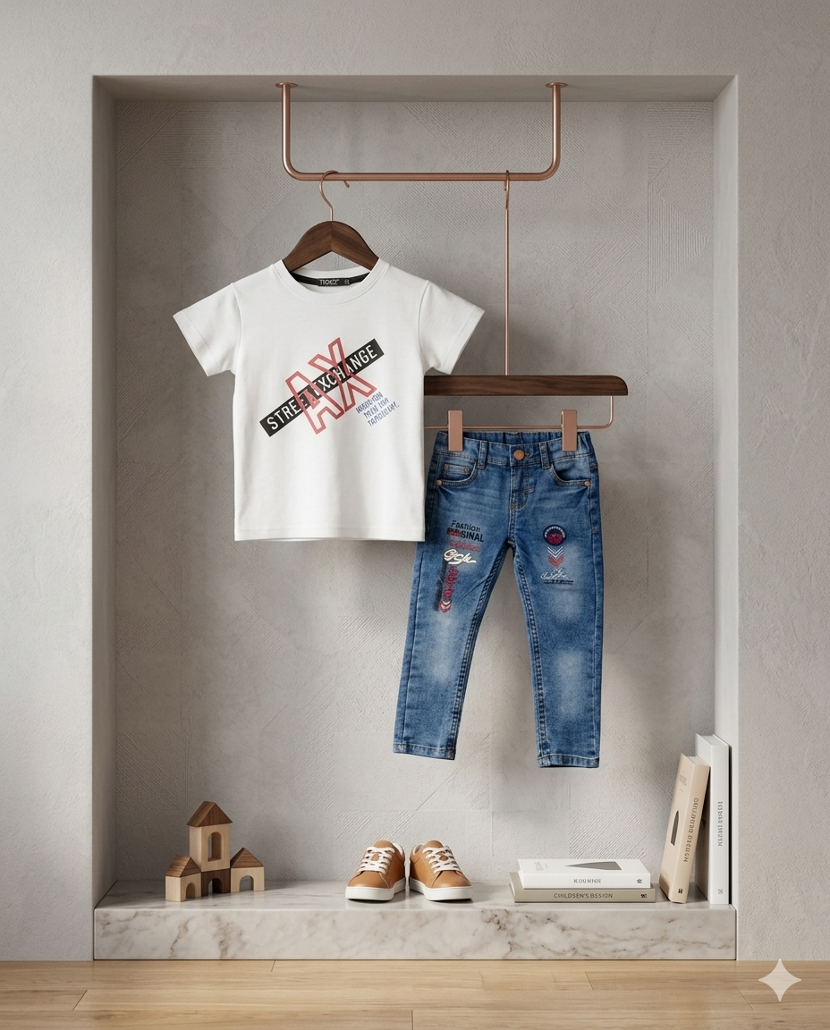 Baby Boy Malai Cotton Half Sleeve Shirt & Fancy Denim Pant Set – Summer Collection (3 Years)