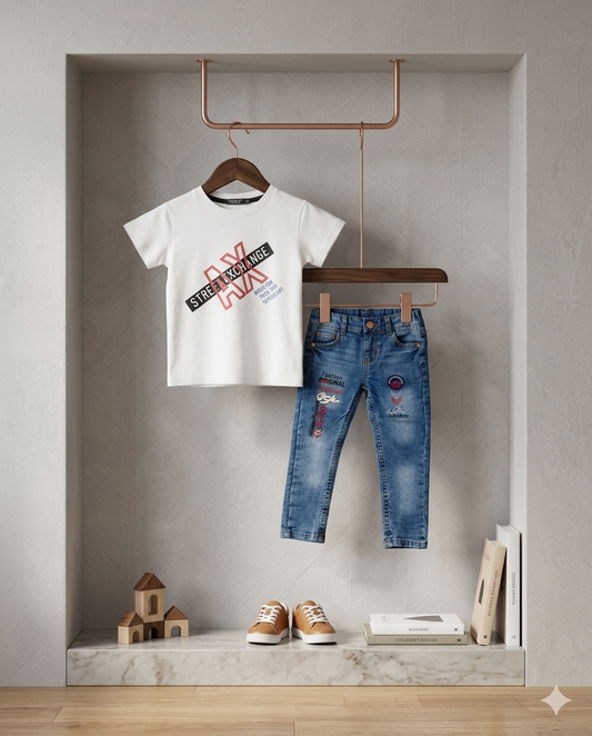 Baby Boy Malai Cotton Half Sleeve Shirt & Fancy Denim Pant Set – Summer Collection (3 Years)