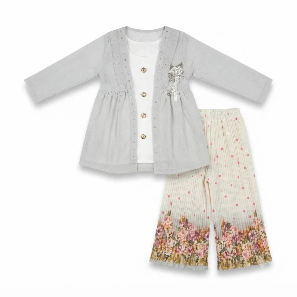 Premium 3-Piece Chiffon Party Wear Set for Baby Girls – Sleeveless Inner with Chiffon Top & Flared Trousers (5 Years)