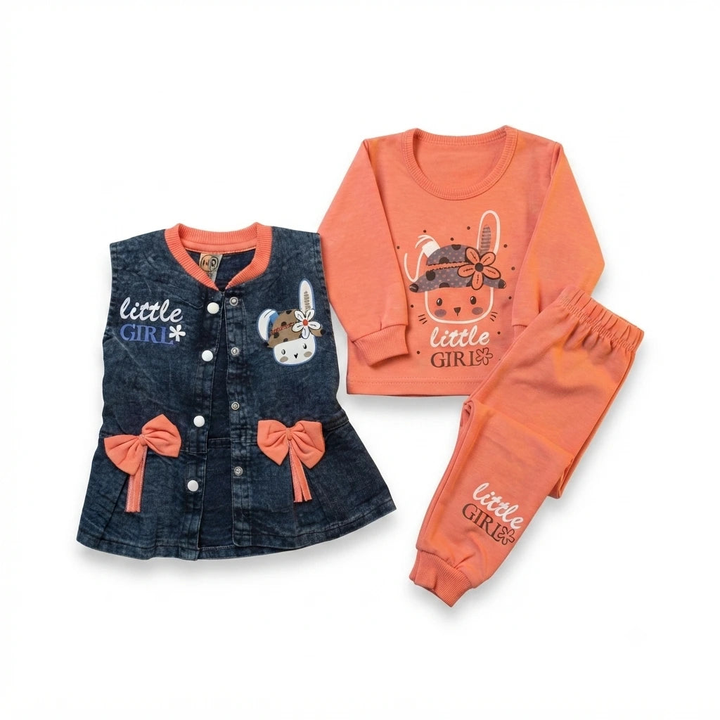 Sweet Little Girl Interlock 3-Piece Set with Denim Jacket & Jogger – Kids Outfit
