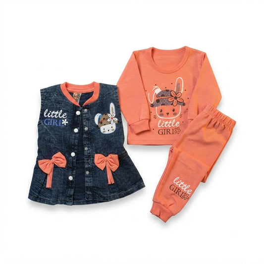 Sweet Little Girl Interlock 3-Piece Set with Denim Jacket & Jogger – Kids Outfit