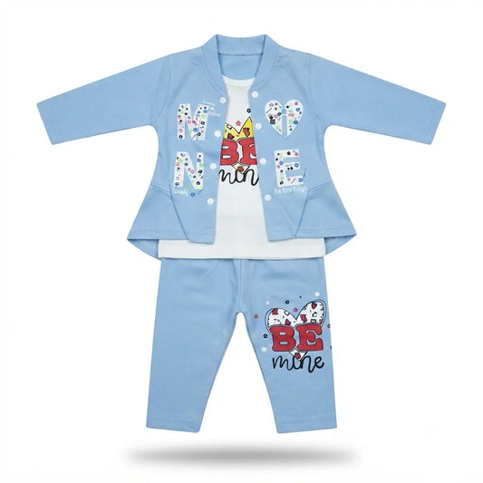 Baby Girls Sky Blue Malai 3 Piece Outfit – Printed T-Shirt, Jacket & Trouser Set (6–12 Months)