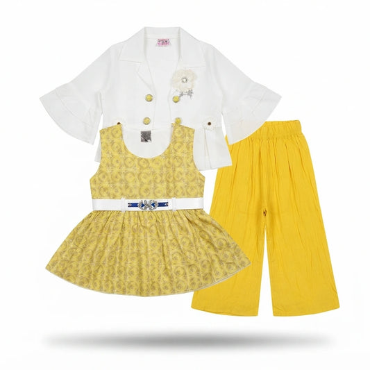 Baby Girls 3 Piece Chiffon Dress – Yellow Frock, White Shrug & Matching Trouser (1-2 Years)