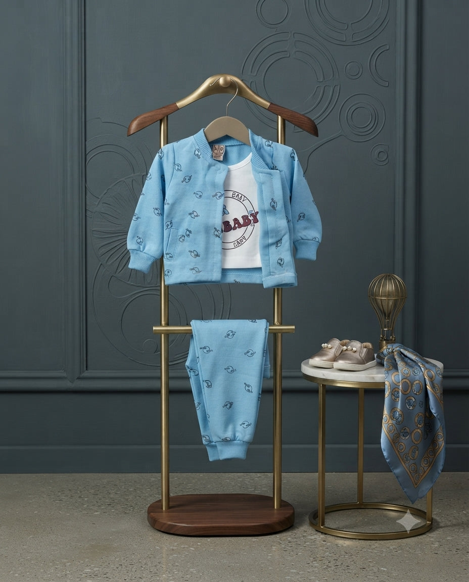 Baby Girls Premium Interlock 3 Piece Outfit | Sky Blue Jacket, Inner T-Shirt & Trouser | 6–12 Months