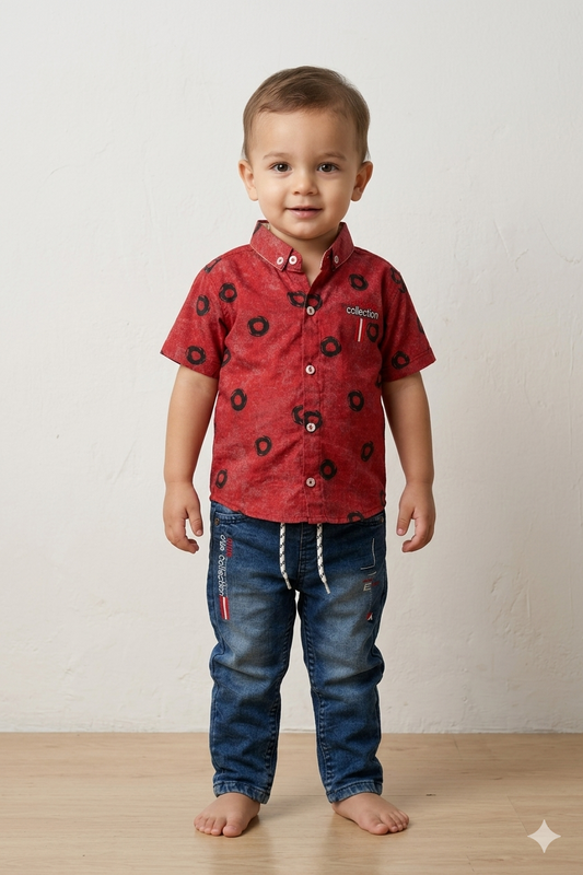Baby Boy Printed Half Sleeve Shirt &  Denim Trouser Set – Summer Collection (1 Year)