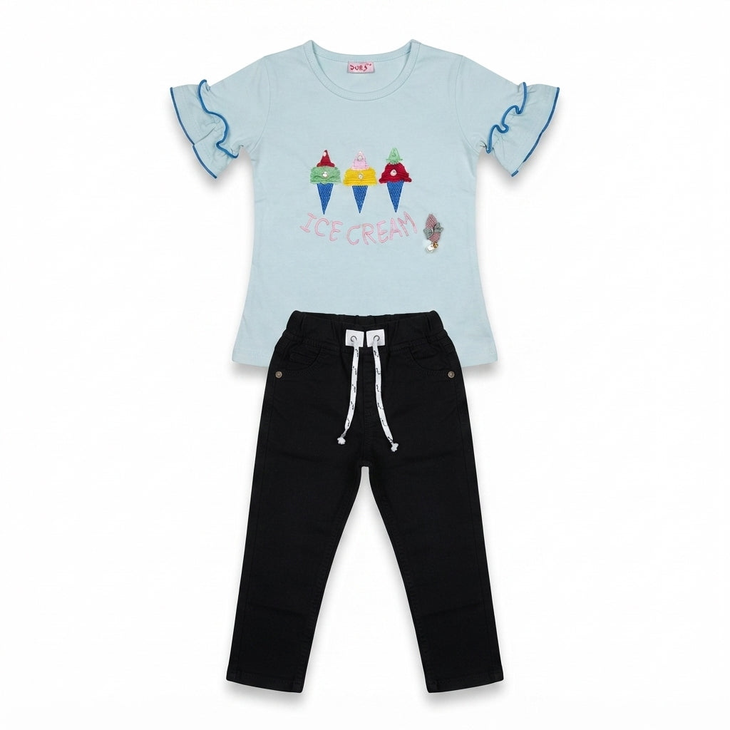 Girls Malai Fabric T-Shirt with Plain Black Pants 2-Piece Set