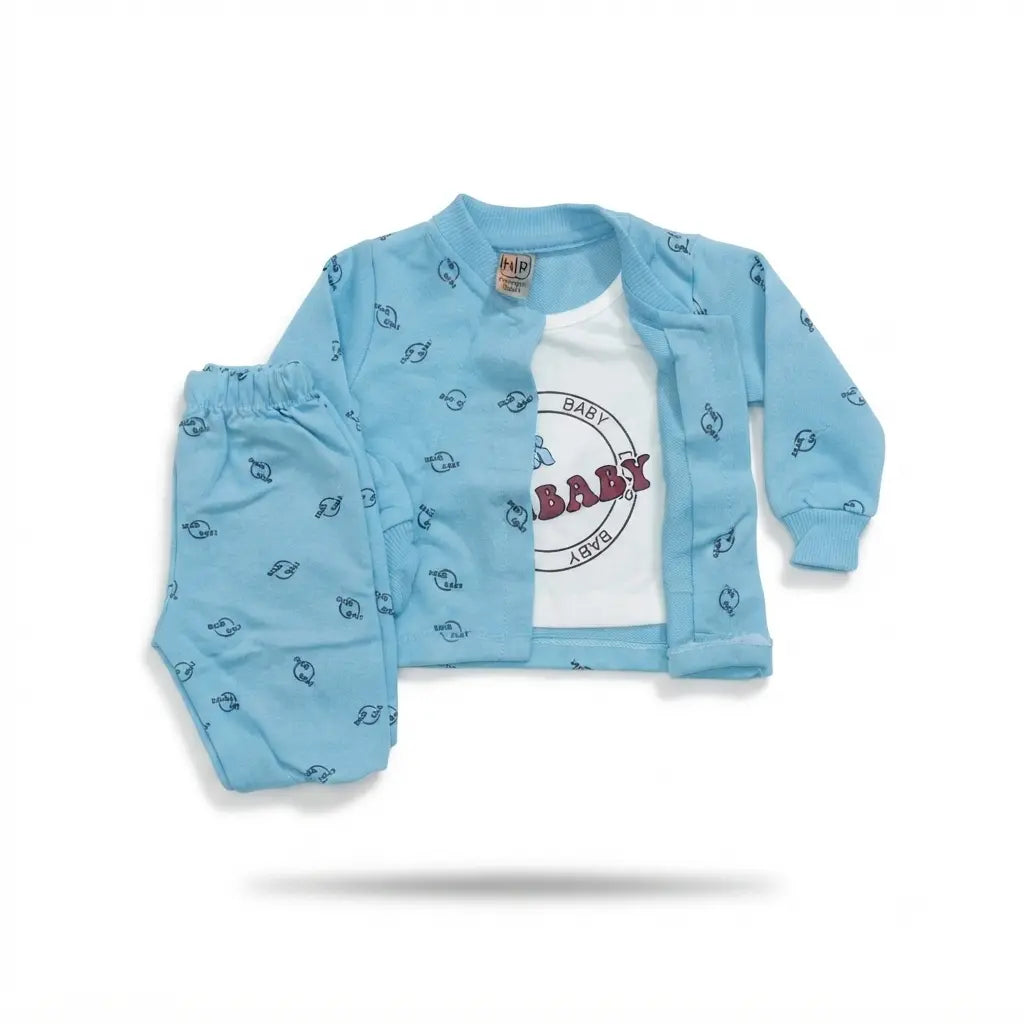 Baby Girls Premium Interlock 3 Piece Outfit | Sky Blue Jacket, Inner T-Shirt & Trouser | 6–12 Months
