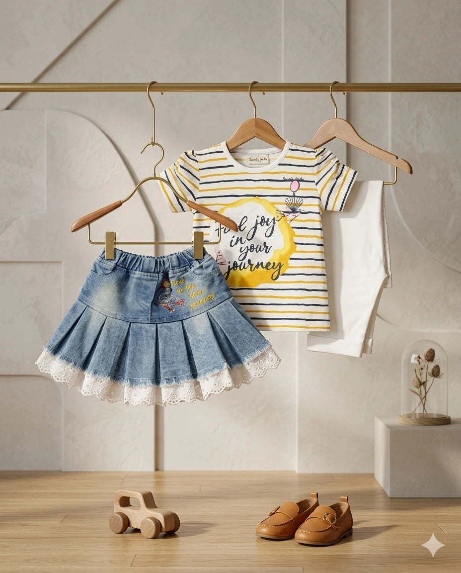 Baby Girl 3 Piece Outfit Set – Malai Cotton Top & Denim Skirt Summer Collection (0-6 Months)
