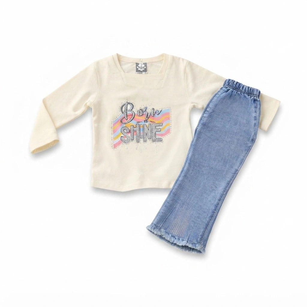 Baby Girls "Born to Shine" T-Shirt with Denim Bell Bottom Pants | 2 Piece Casual Outfit | 4 Years