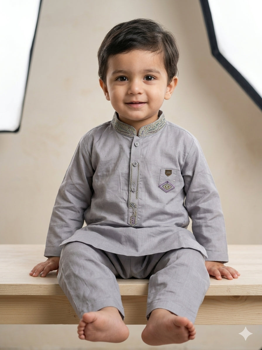 Baby Boy Soft Cotton Kurta Pajama with Designer Collar – Summer Collection (1–2 Years)