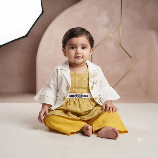 Baby Girls 3 Piece Chiffon Dress – Yellow Frock, White Shrug & Matching Trouser (1-2 Years)