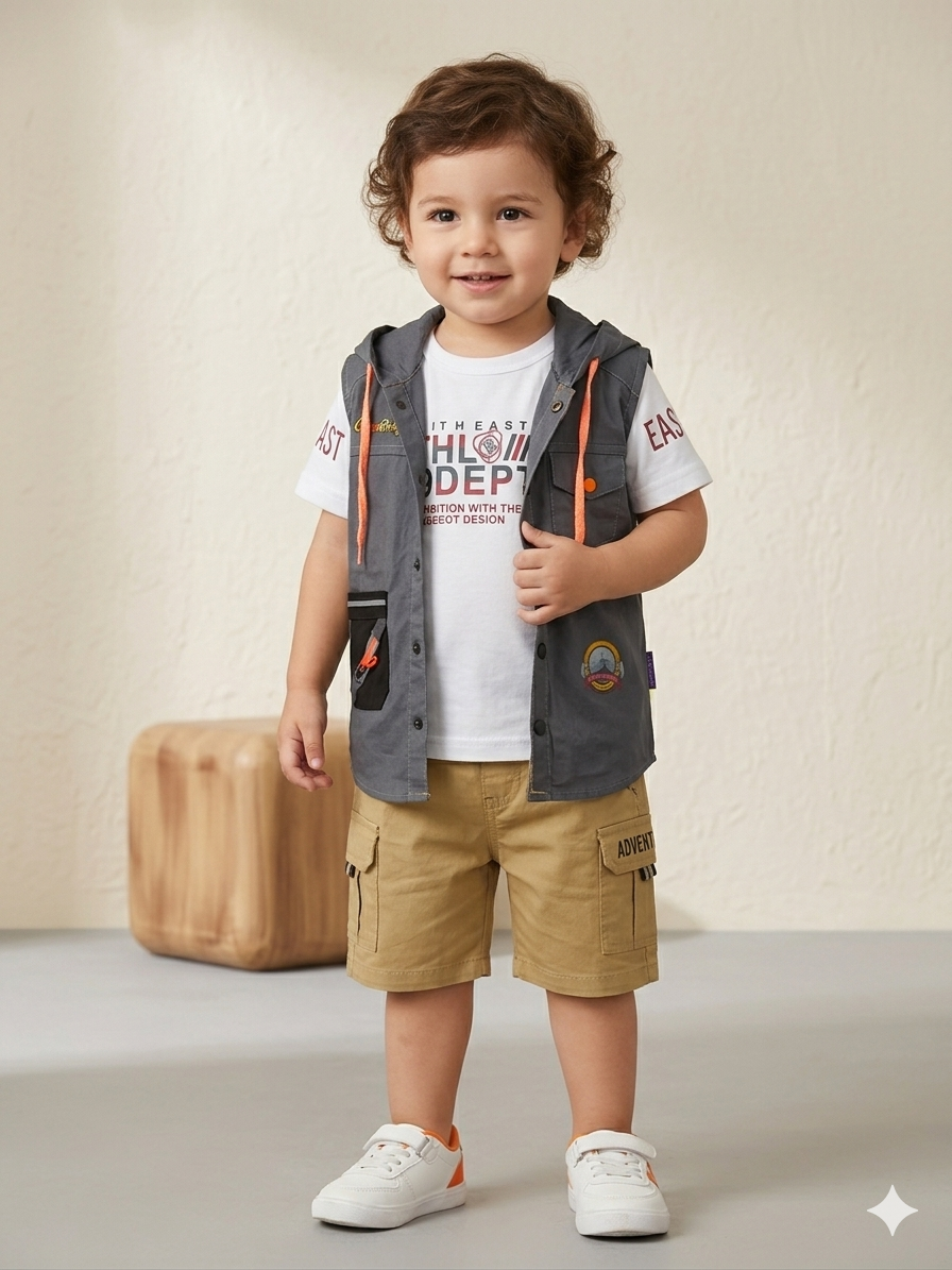 Baby Boy 3 Piece Summer Set – White Malai Cotton Half Sleeve Shirt, Hooded Sleeveless Jacket & Cotton Long Shorts (3-4 Years)