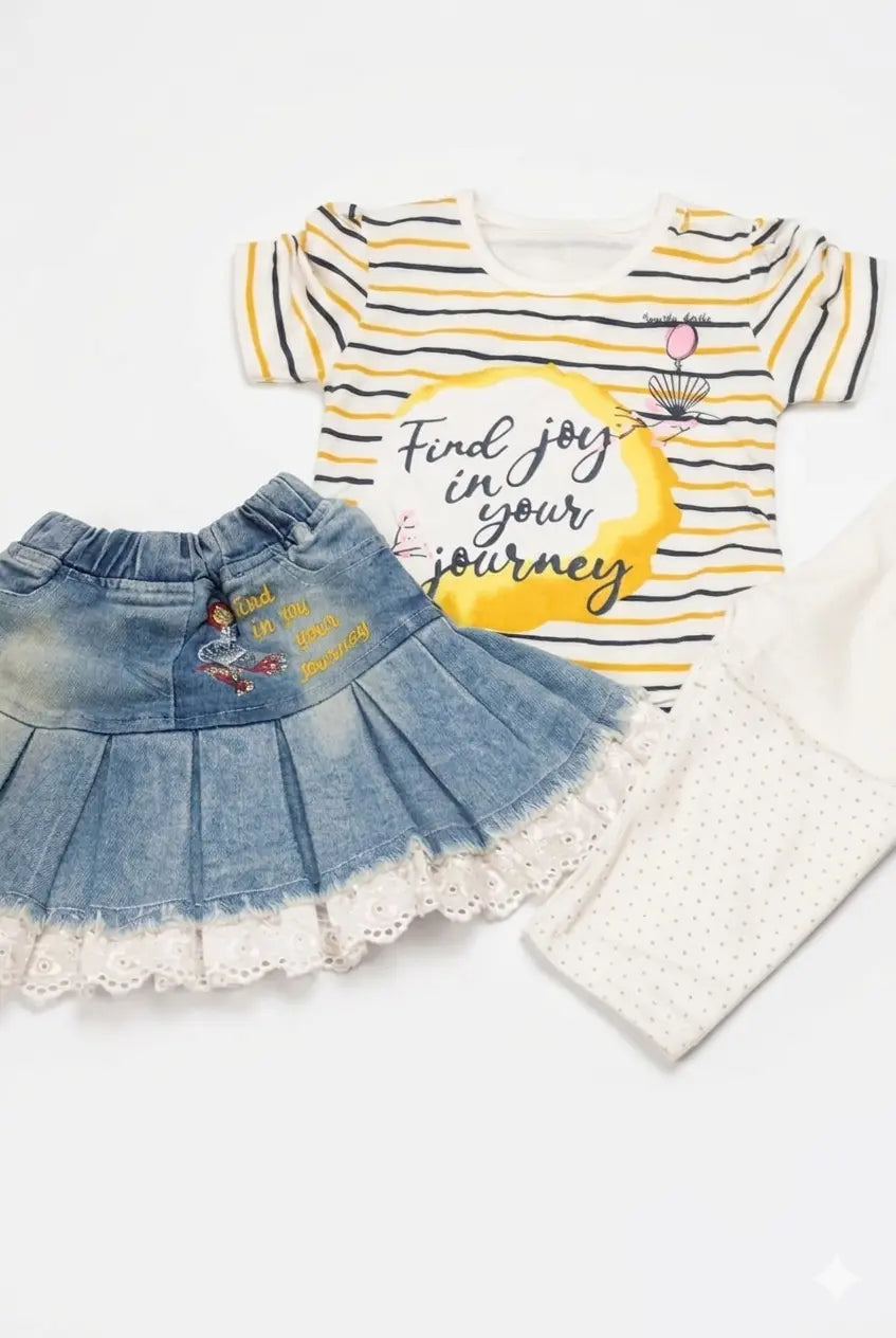 Baby Girl 3 Piece Outfit Set – Malai Cotton Top & Denim Skirt Summer Collection (0-6 Months)