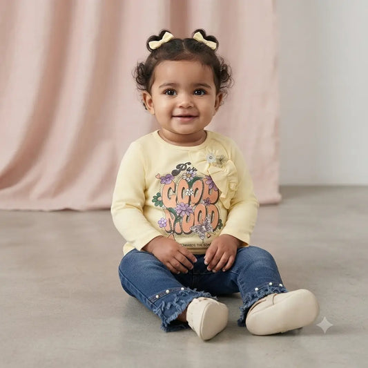Baby Girls 2 Piece Winter Dress – Yellow Malai Shirt with Denim Trouser (1-2 Years)