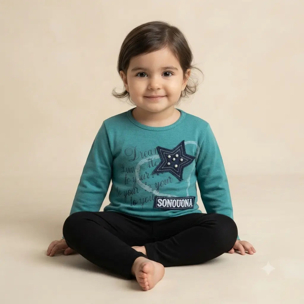 4 Years Baby Girls Winter T-Shirt & Black Trouser 2 Piece Dress – Soft Malai Fabric