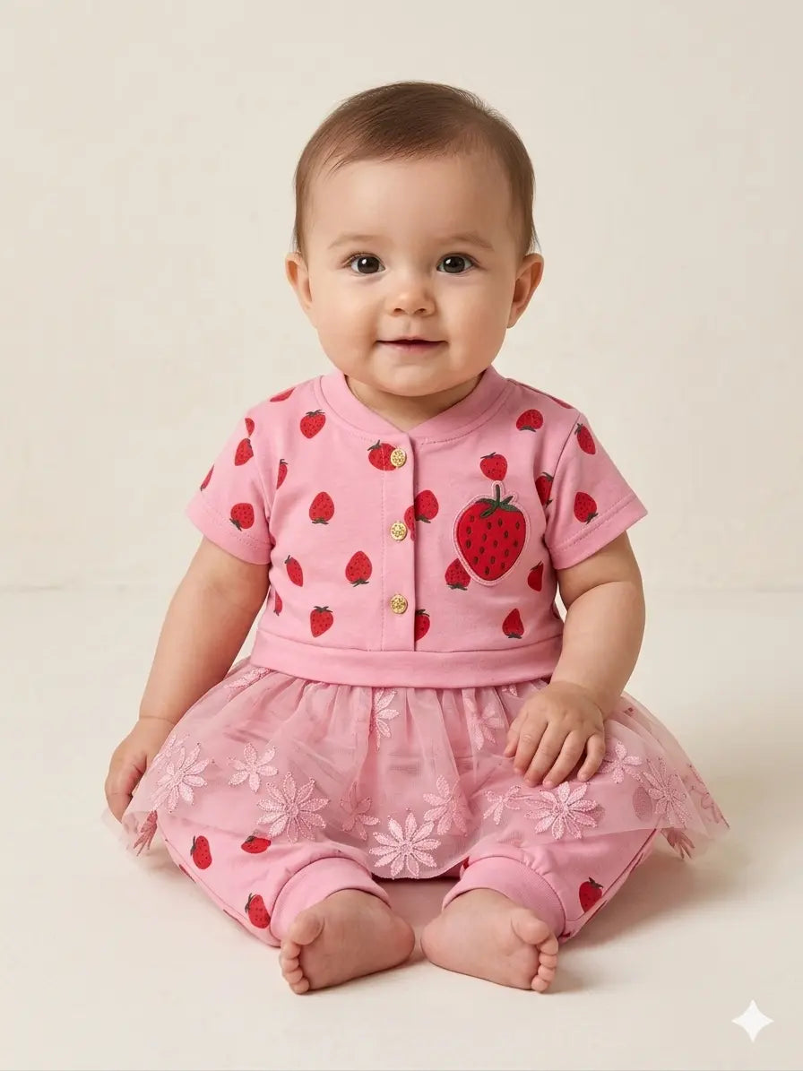 Baby Girl Strawberry Print Malai Cotton Shirt & Trouser Set – Summer Collection (6-12 Months)