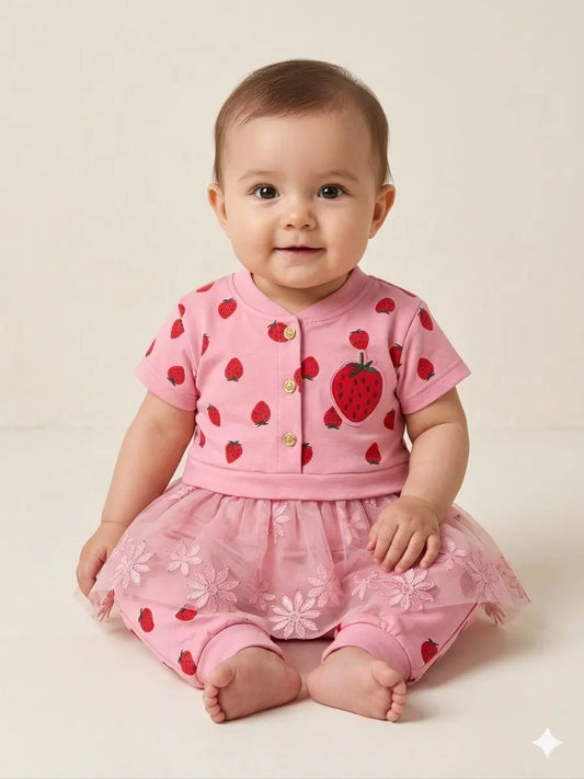 Baby Girl Strawberry Print Malai Cotton Shirt & Trouser Set – Summer Collection (6-12 Months)