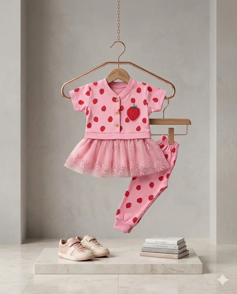 Baby Girl Strawberry Print Malai Cotton Shirt & Trouser Set – Summer Collection (6-12 Months)