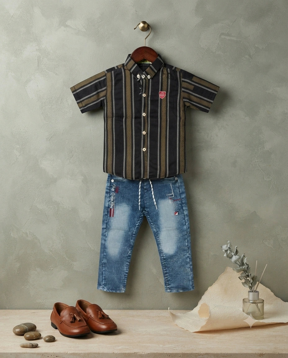 Boys Striped Casual Shirt with Denim Jeans 2-Piece Set