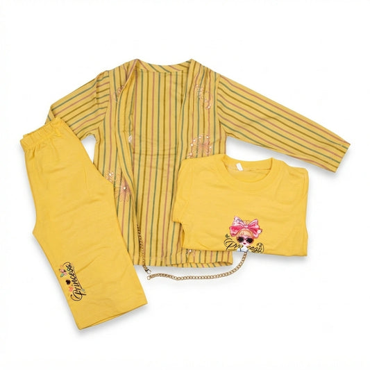 Baby Girls 3 Piece Yellow Casual Suit with Striped Coat | Premium Cotton |4 Years