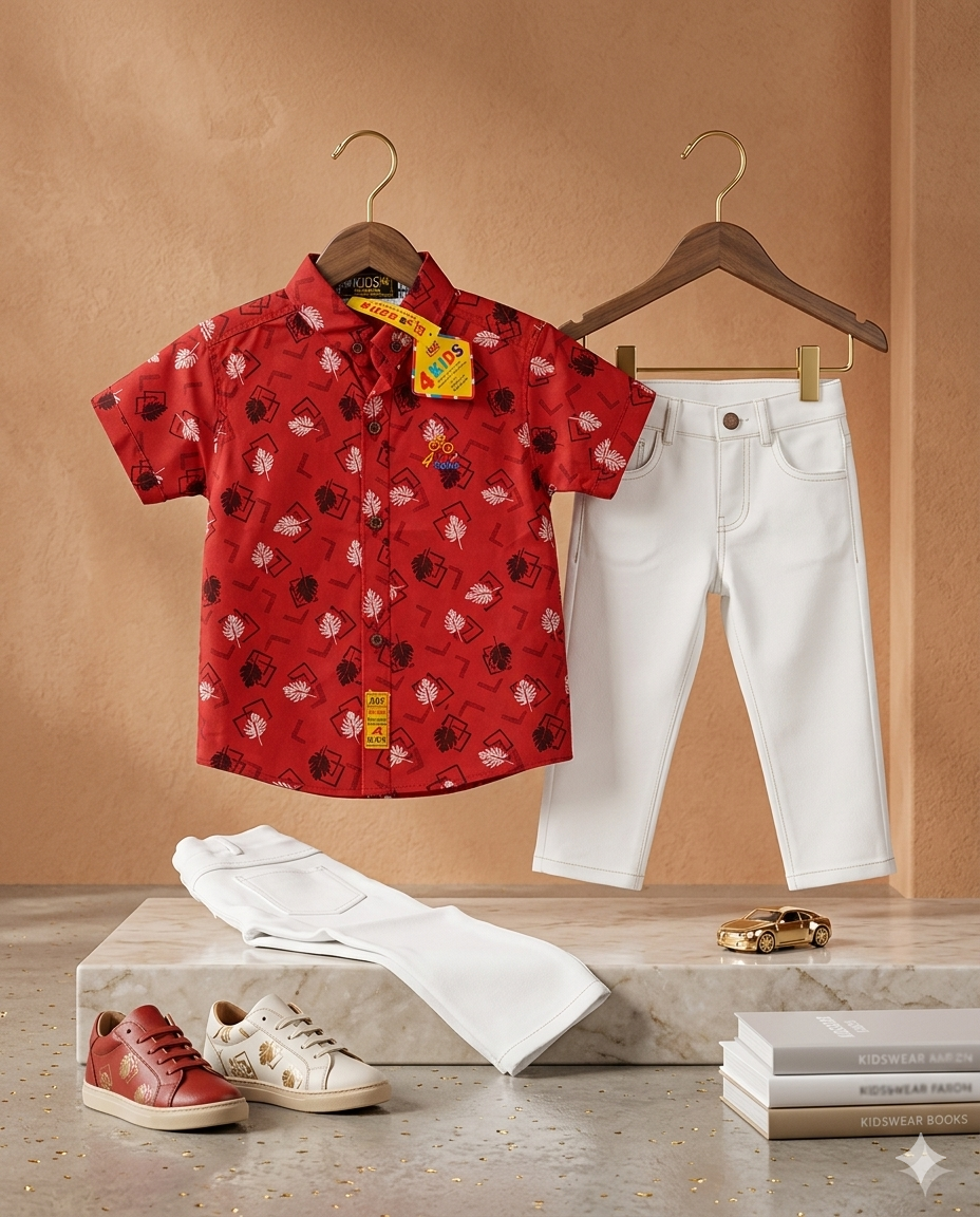 Baby Boy Printed Cotton Half Sleeve Shirt & White Pant Summer Set (3-4 Years)