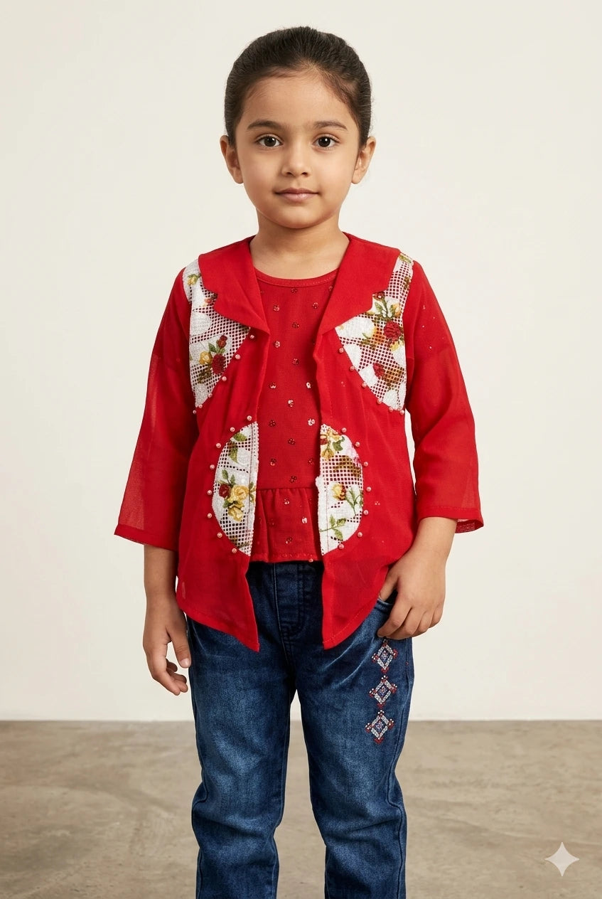 Baby Girl Chiffon 3 Piece Set with Denim Pant – Summer Collection (4 Years)