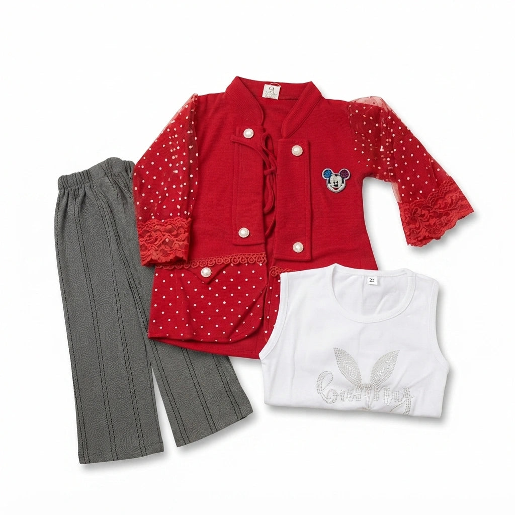 Baby Girls Premium Red 3 Piece Outfit | Inner Top, Fashion Coat & Trouser | 4 Years