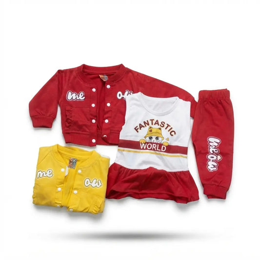 Baby Girls Premium Red Malai 3 Piece Dress Set | Jacket, Top & Trouser | 6–12 Months