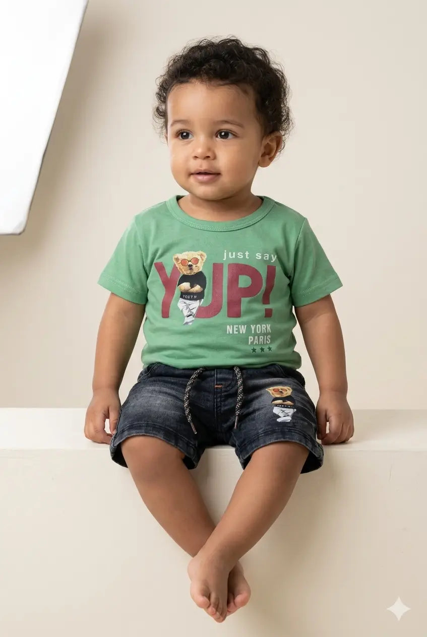 Baby Boy Malai Cotton Half Sleeve T-Shirt & Denim Nicker Set – Summer Collection (6 Months)