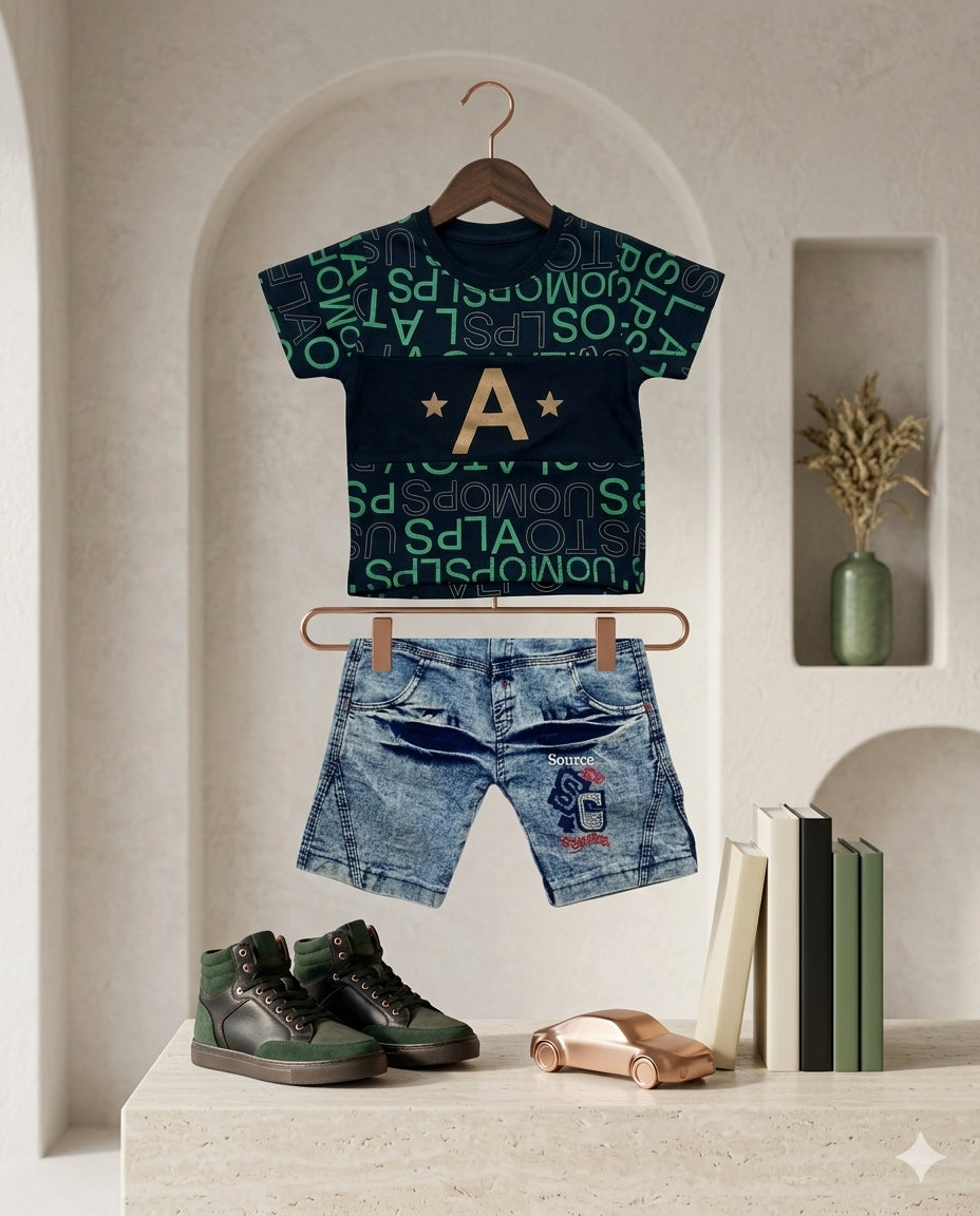 Baby Boy Malai Cotton Half Sleeve Shirt with Denim Shorts Set – Summer Collection (1 Year)