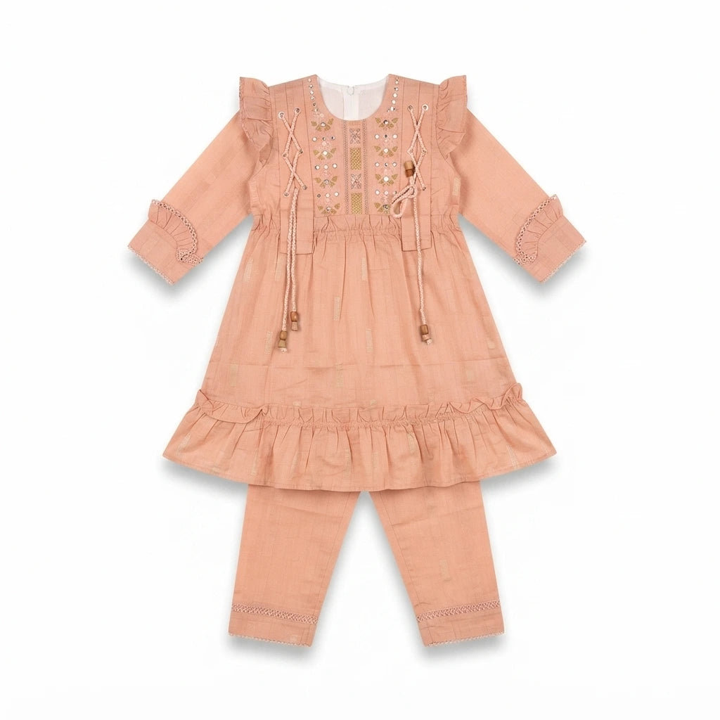 Premium Embroidered Cotton Frock with Matching Trouser Set for Baby Girls – Luxury Outfit (7 Years)