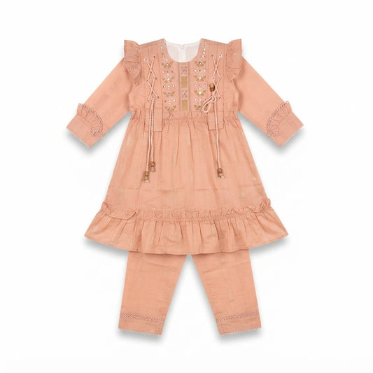 Premium Embroidered Cotton Frock with Matching Trouser Set for Baby Girls – Luxury Outfit (7 Years)