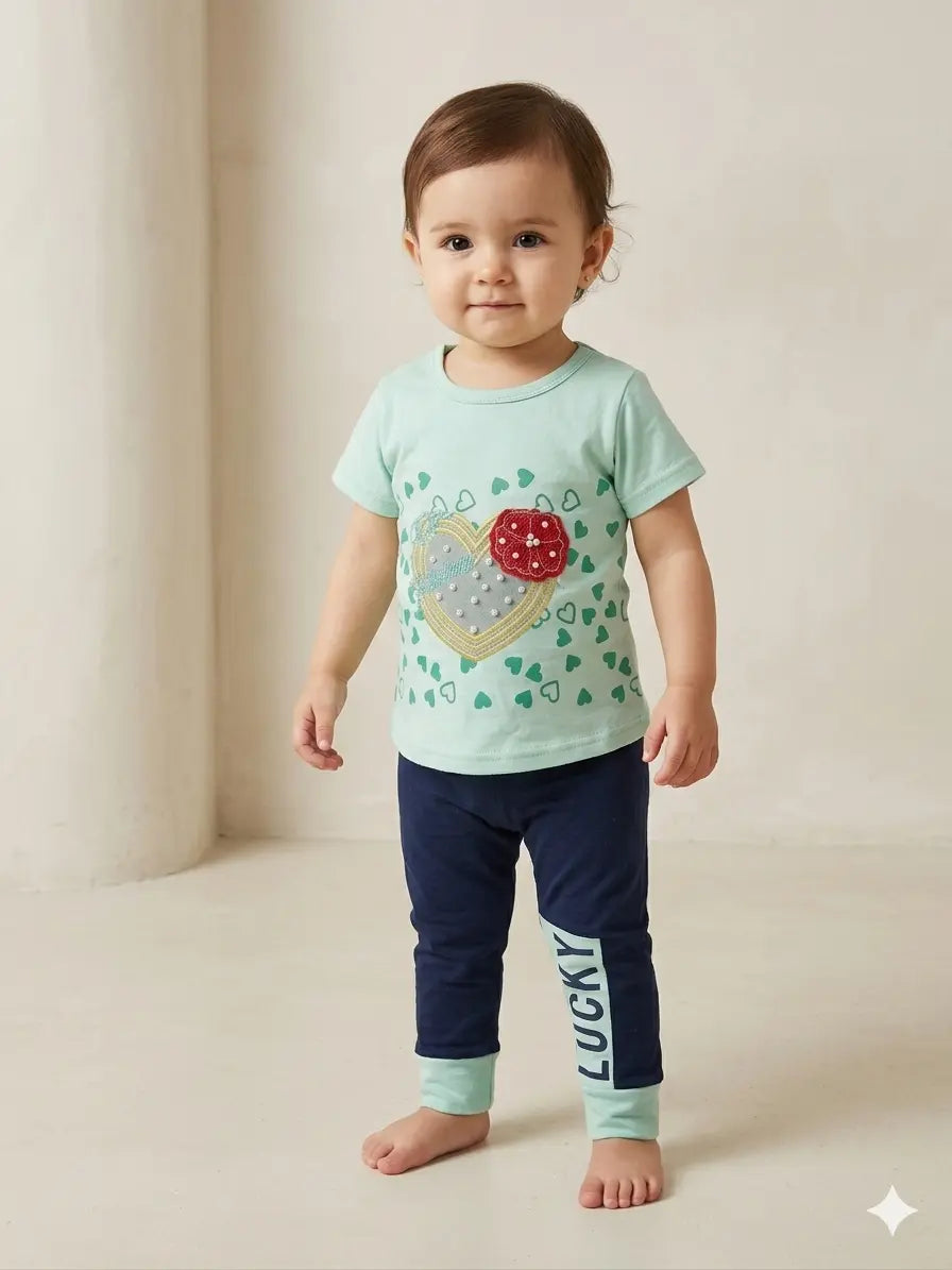 Baby Girl Malai Cotton Half Sleeve Shirt & Full Trouser Set – Summer Collection (1-2 Years)