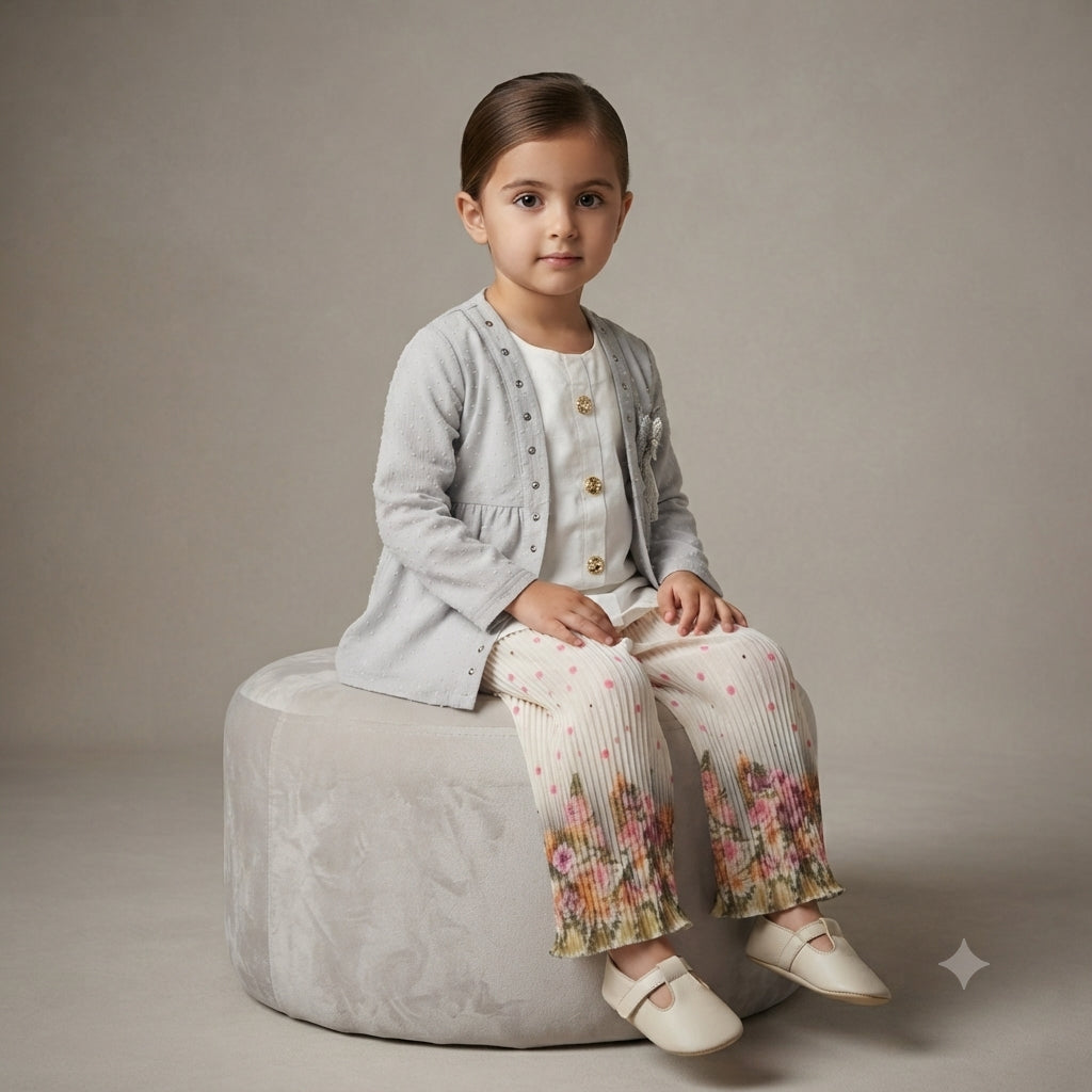 Premium 3-Piece Chiffon Party Wear Set for Baby Girls – Sleeveless Inner with Chiffon Top & Flared Trousers (5 Years)