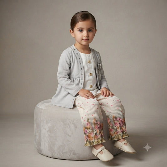 Premium 3-Piece Chiffon Party Wear Set for Baby Girls – Sleeveless Inner with Chiffon Top & Flared Trousers (5 Years)